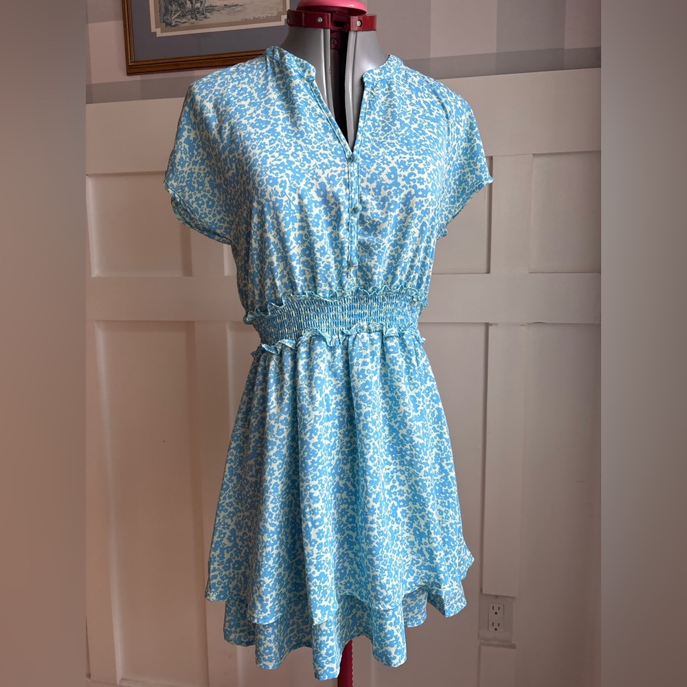 Sienna Sky Light Blue and White Floral Smocked Waist Dress Small